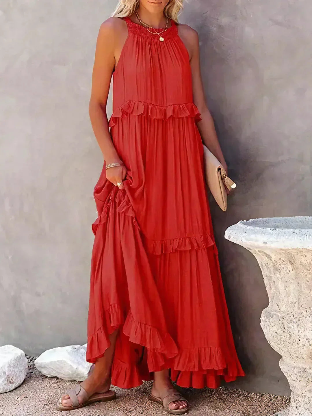 Women’s halterneck ruffle maxi dress with pockets and flowing silhouette