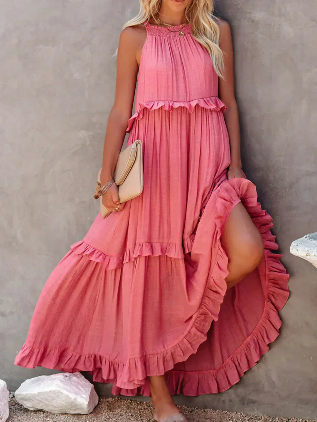 Women’s halterneck ruffle maxi dress with pockets and flowing silhouette