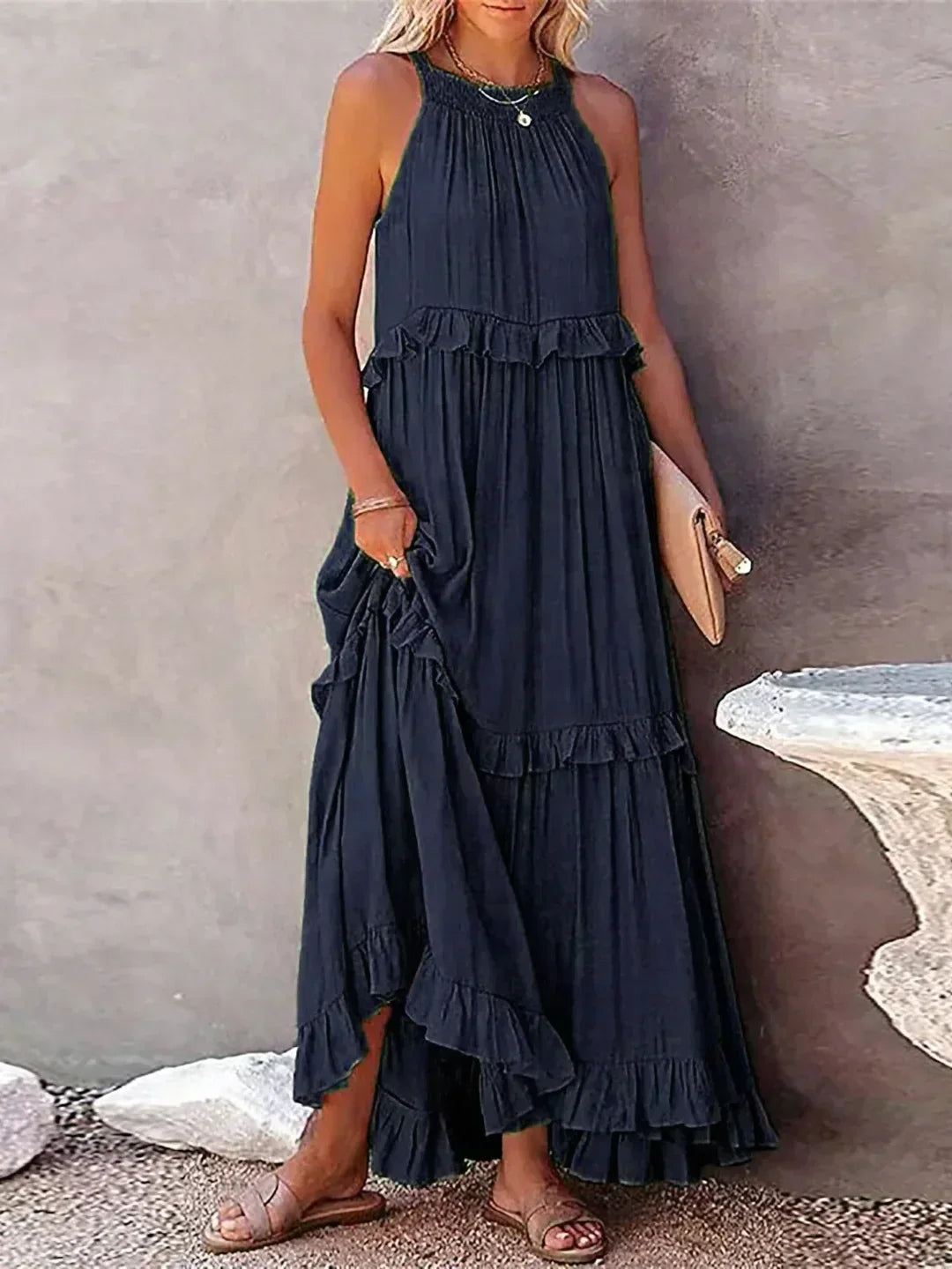 Women’s halterneck ruffle maxi dress with pockets and flowing silhouette