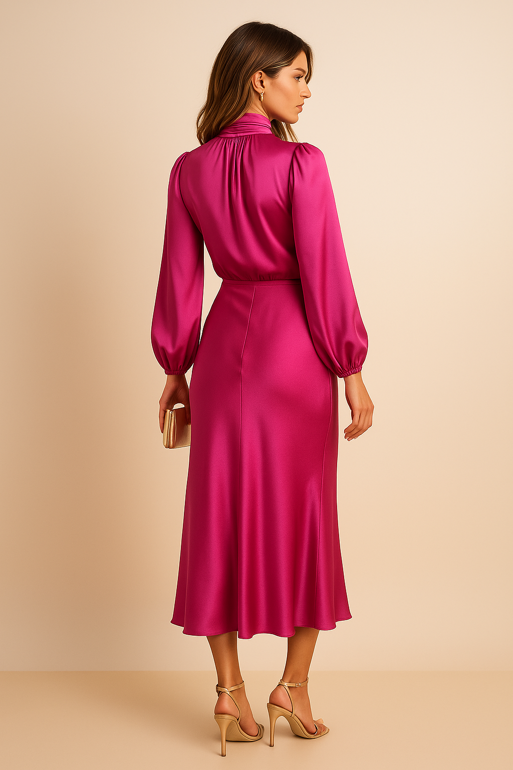 Women’s High Neck Long Sleeve Midi Dress for Evening and Formal Wear
