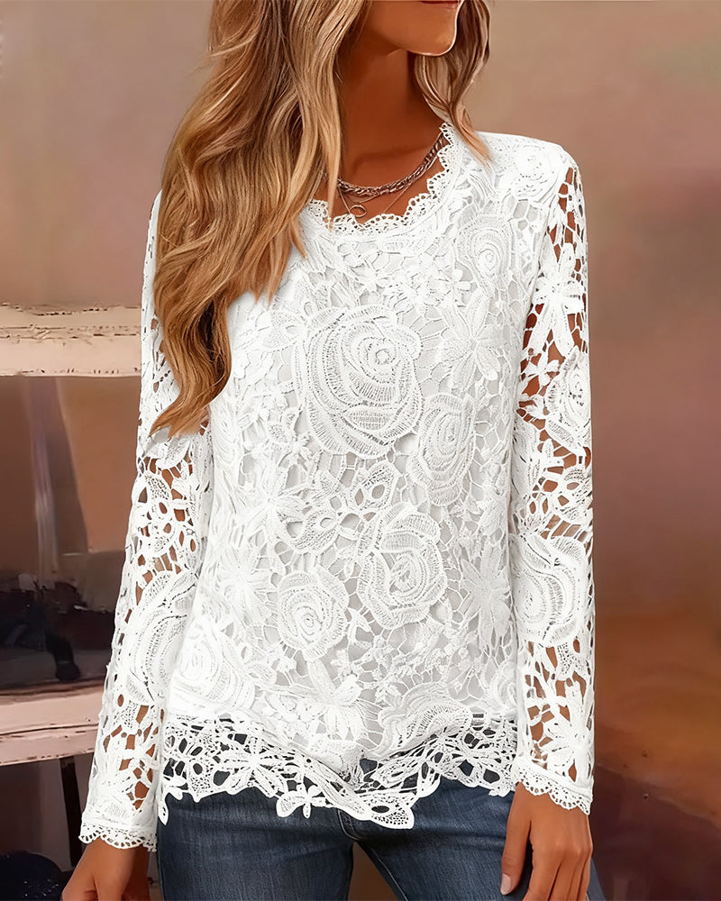Women’s long sleeve round neck top with lace detail