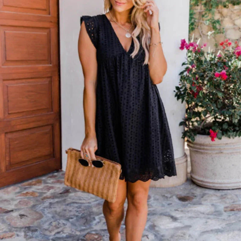 Women’s lace and eyelet V-neck midi dress with fitted silhouette and lightweight fabric