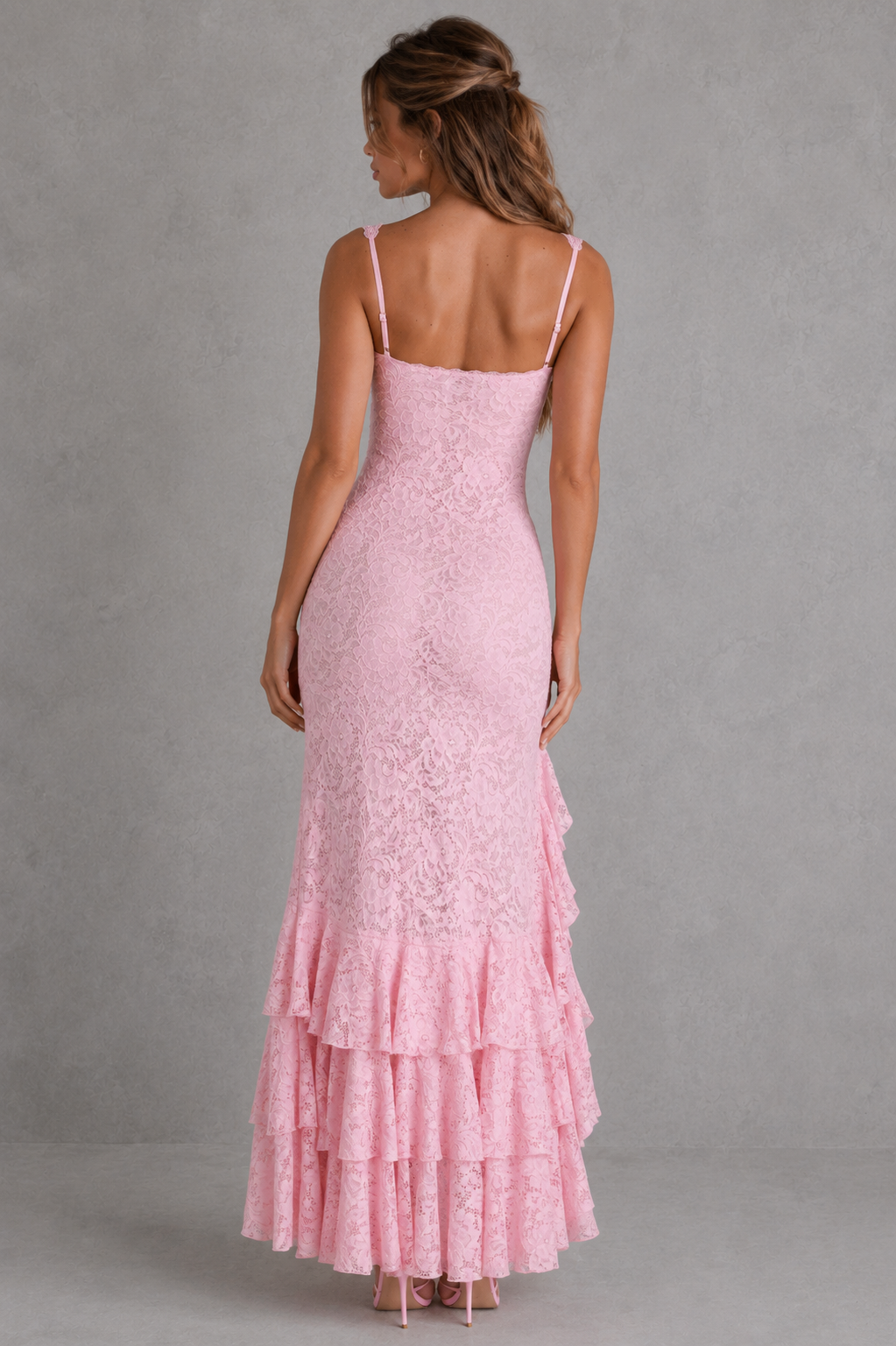 Women's elegant lace maxi evening dress featuring a straight neckline, adjustable straps, fitted bodice, semi-sheer stretch lace overlay, soft mesh lining, dramatic high thigh split, layered ruffle hem, and flowing maxi-length silhouette for formal occasions.