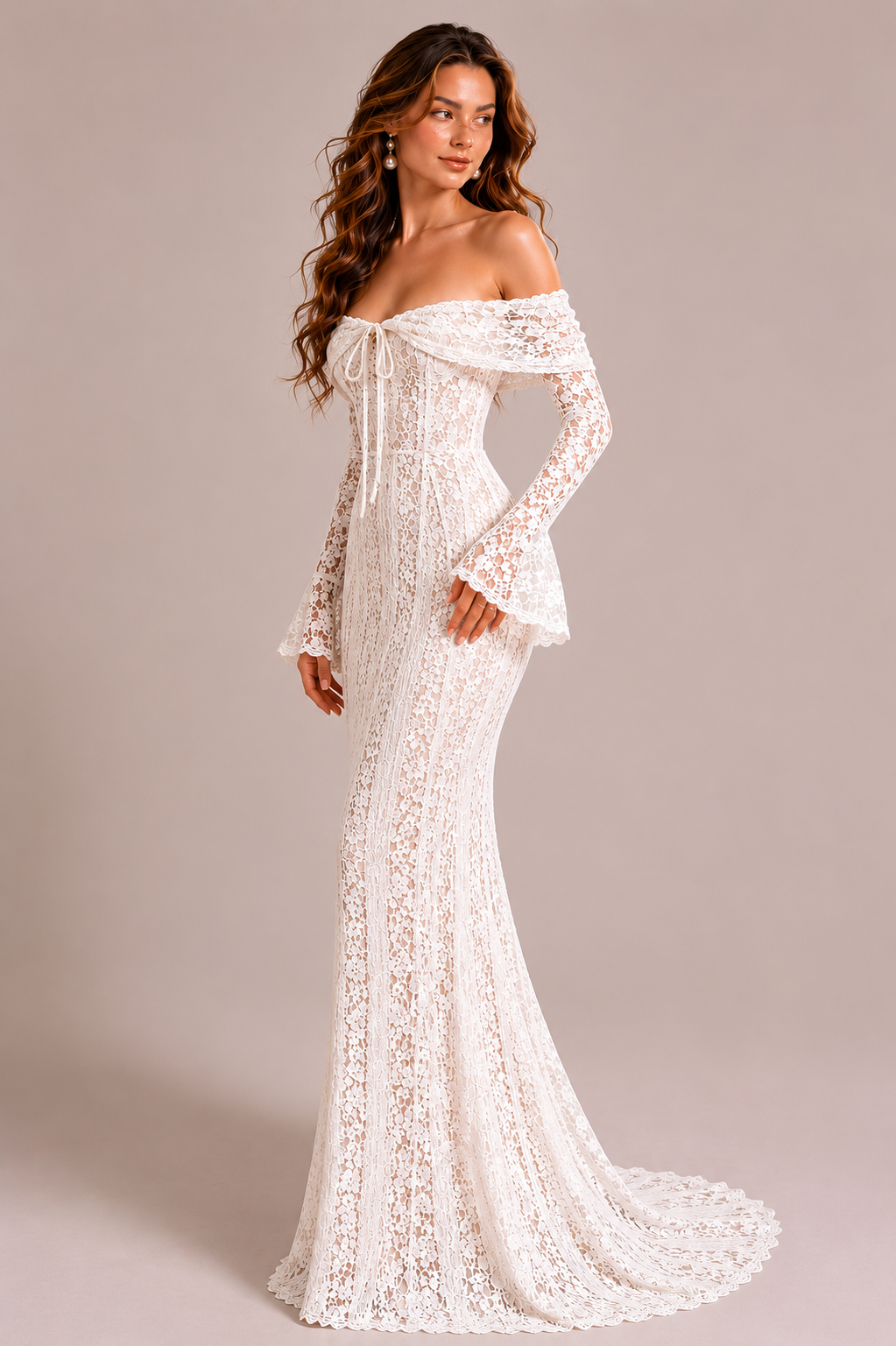 Women's floral lace maxi dress with an off-shoulder neckline, structured fitted bodice, flowing full-length silhouette, and delicate fluted cuffs, ideal for elegant evening wear and formal occasions.