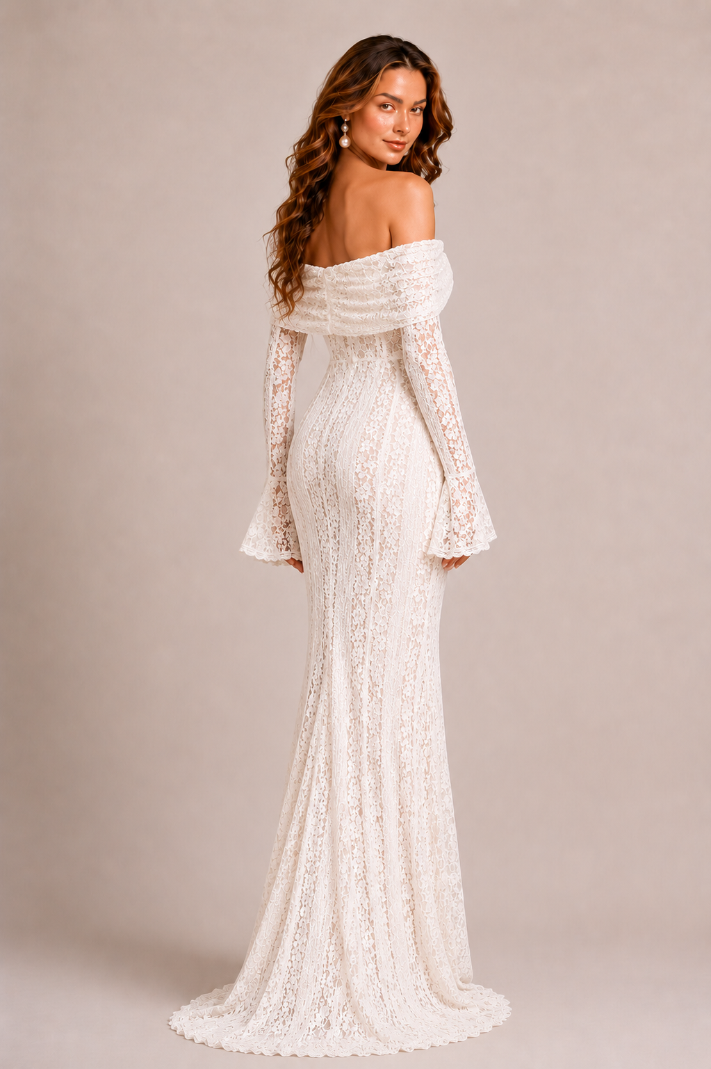 Women's floral lace maxi dress with an off-shoulder neckline, structured fitted bodice, flowing full-length silhouette, and delicate fluted cuffs, ideal for elegant evening wear and formal occasions.
