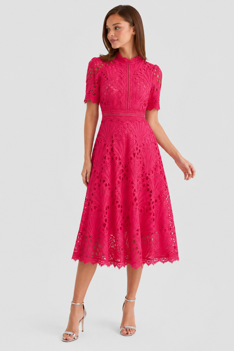 Womenโs lace midi dress featuring a scoop neckline, lightweight lace fabric, and a relaxed midi-length silhouette, suitable for formal occasions, dinners, and casual wear.