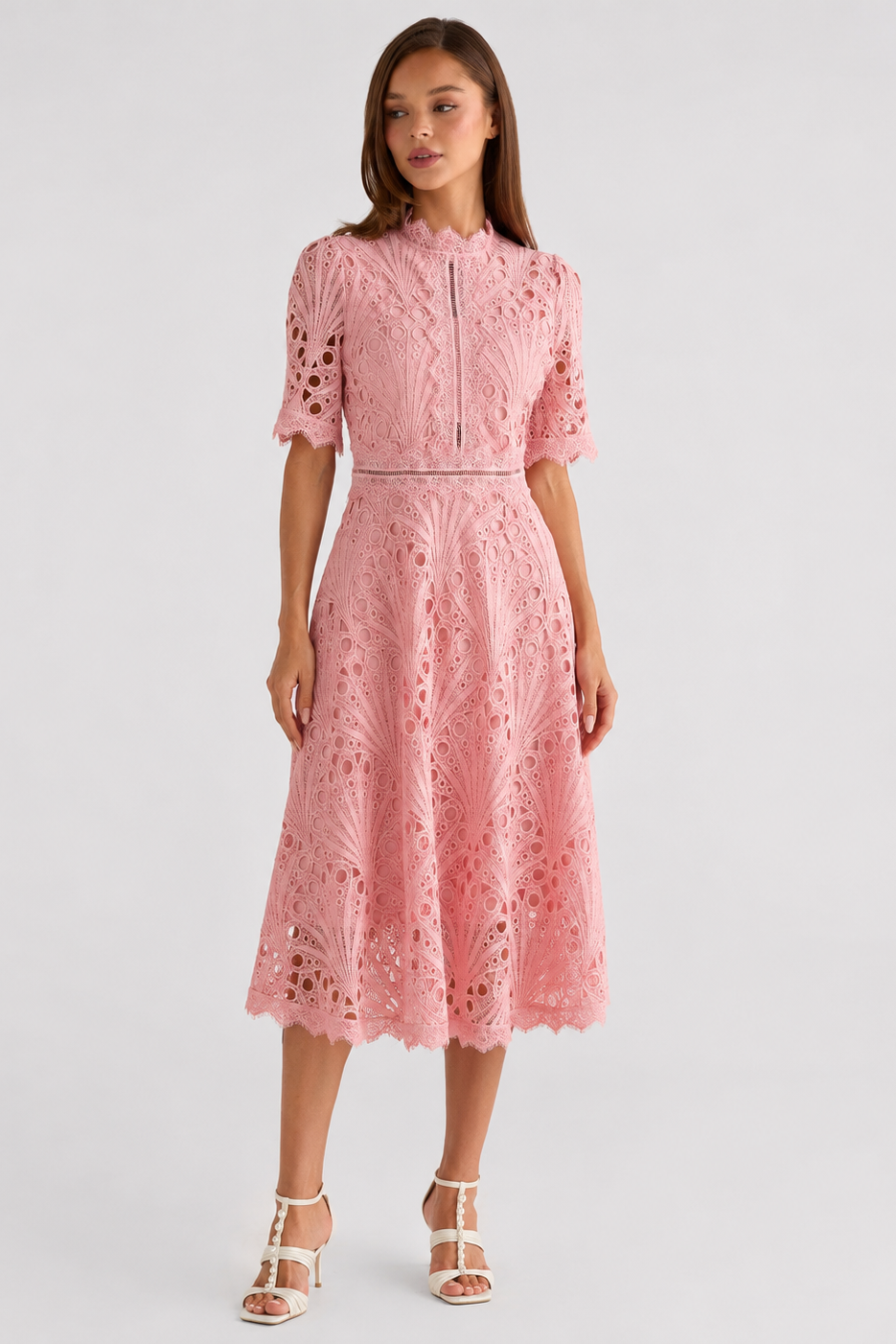 Womenโs lace midi dress featuring a scoop neckline, lightweight lace fabric, and a relaxed midi-length silhouette, suitable for formal occasions, dinners, and casual wear.