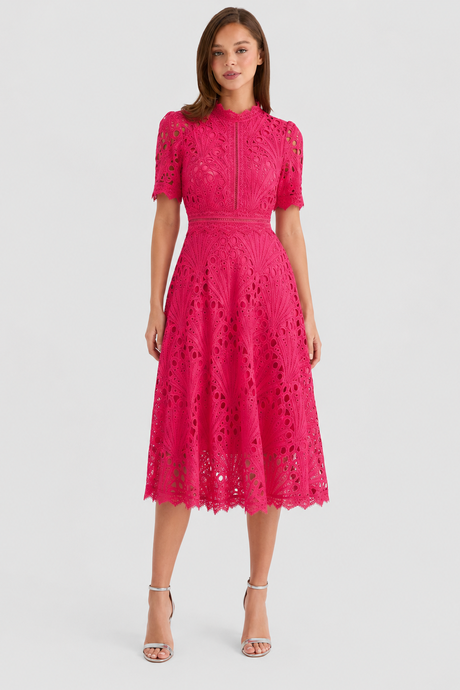 Womenโs lace midi dress featuring a scoop neckline, lightweight lace fabric, and a relaxed midi-length silhouette, suitable for formal occasions, dinners, and casual wear.