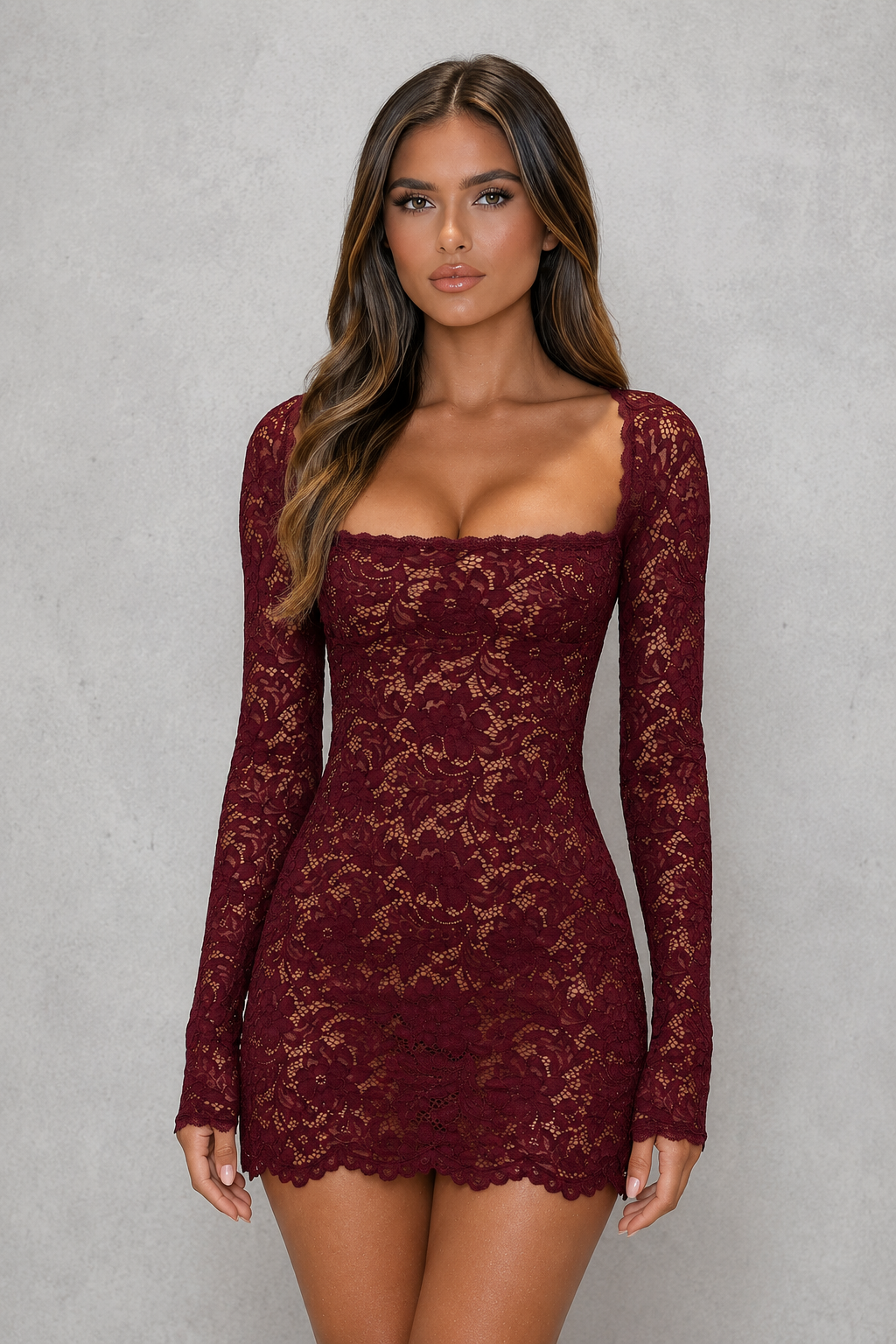 Women's white lace mini dress with long sleeves, square neckline, fitted silhouette, scalloped trim, and soft mesh lining, ideal for parties, evening events, and special occasions.