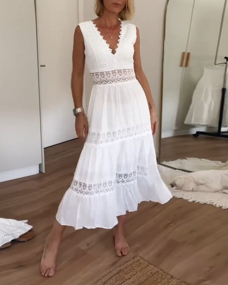 Women's sleeveless lace midi dress with V-neck and A-line silhouette