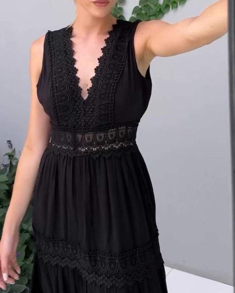 Women's sleeveless lace midi dress with V-neck and A-line silhouette