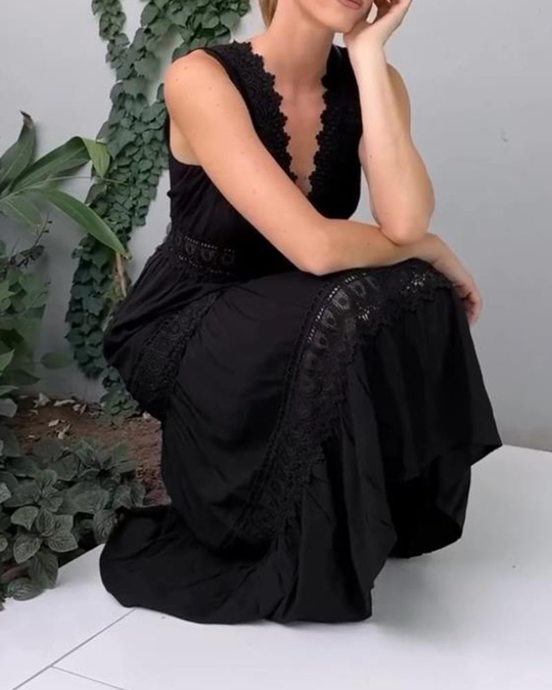 Women's sleeveless lace midi dress with V-neck and A-line silhouette
