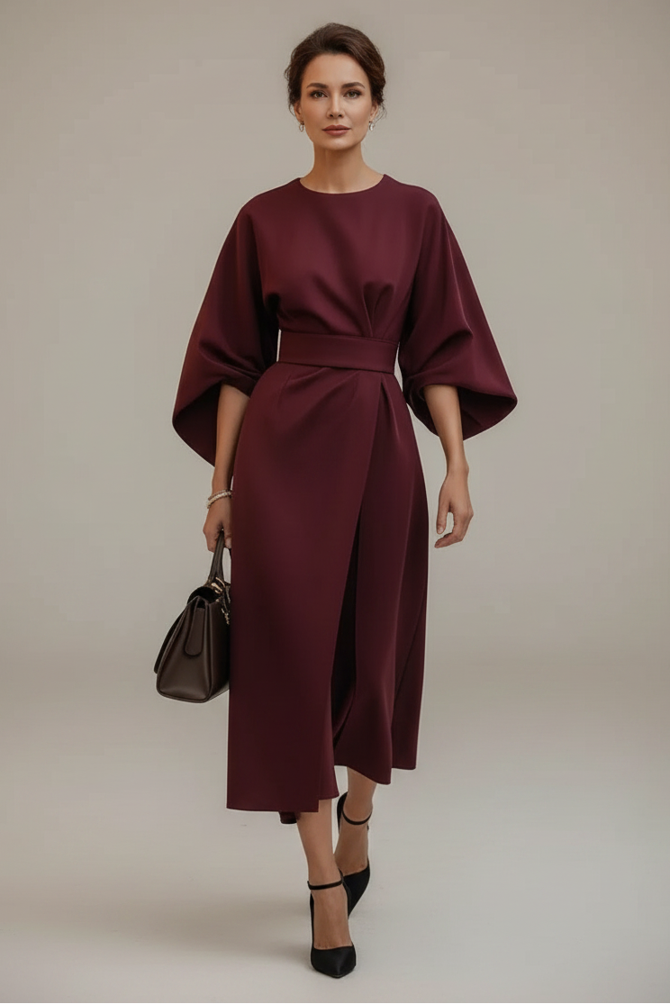 Womenโs midi dress with elegant lantern sleeves and an adjustable belted waist, featuring a regular fit and lightweight fabric for comfortable everyday, office, or occasion wear.