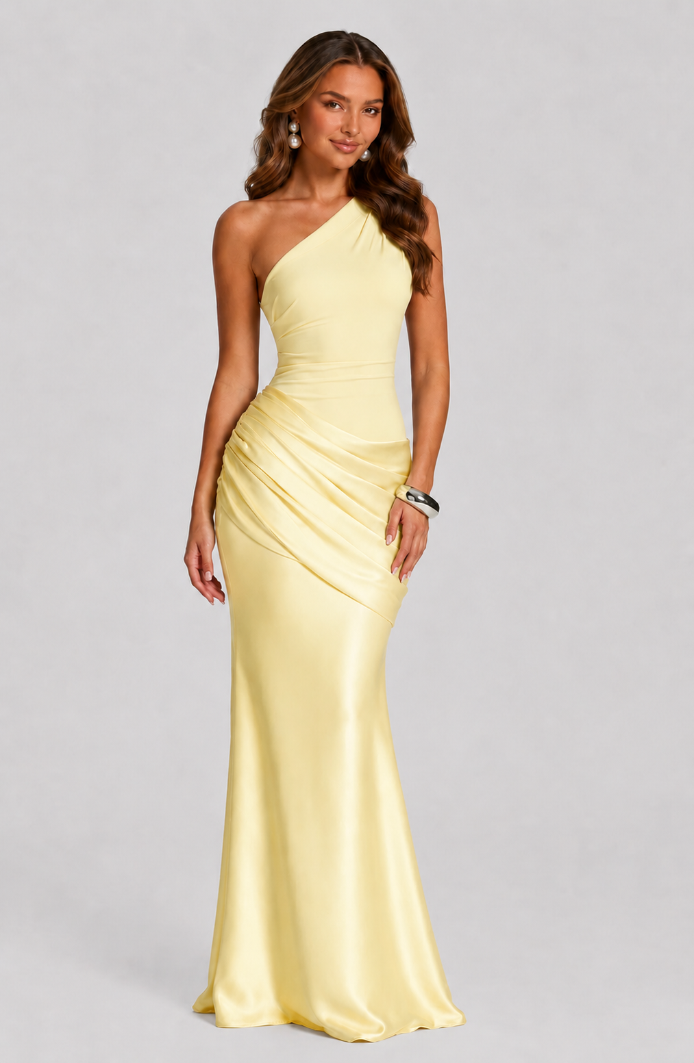 Women’s One-Shoulder Satin Maxi Dress with Draped Waist for Evening & Formal Wear