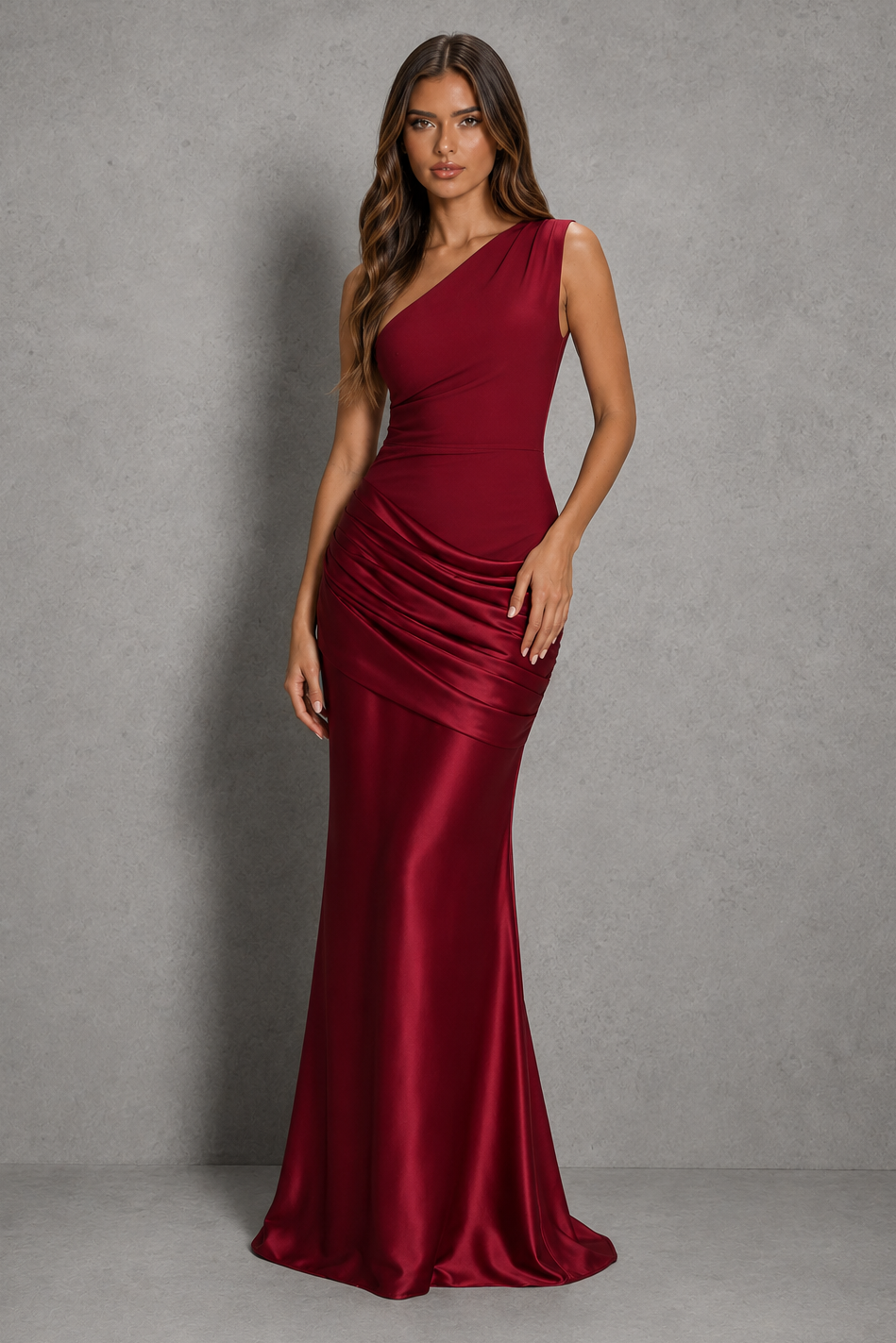 Women’s one-shoulder maxi dress with asymmetrical neckline, draped pleat detailing, fitted crepe bodice, and flowing full-length skirt.