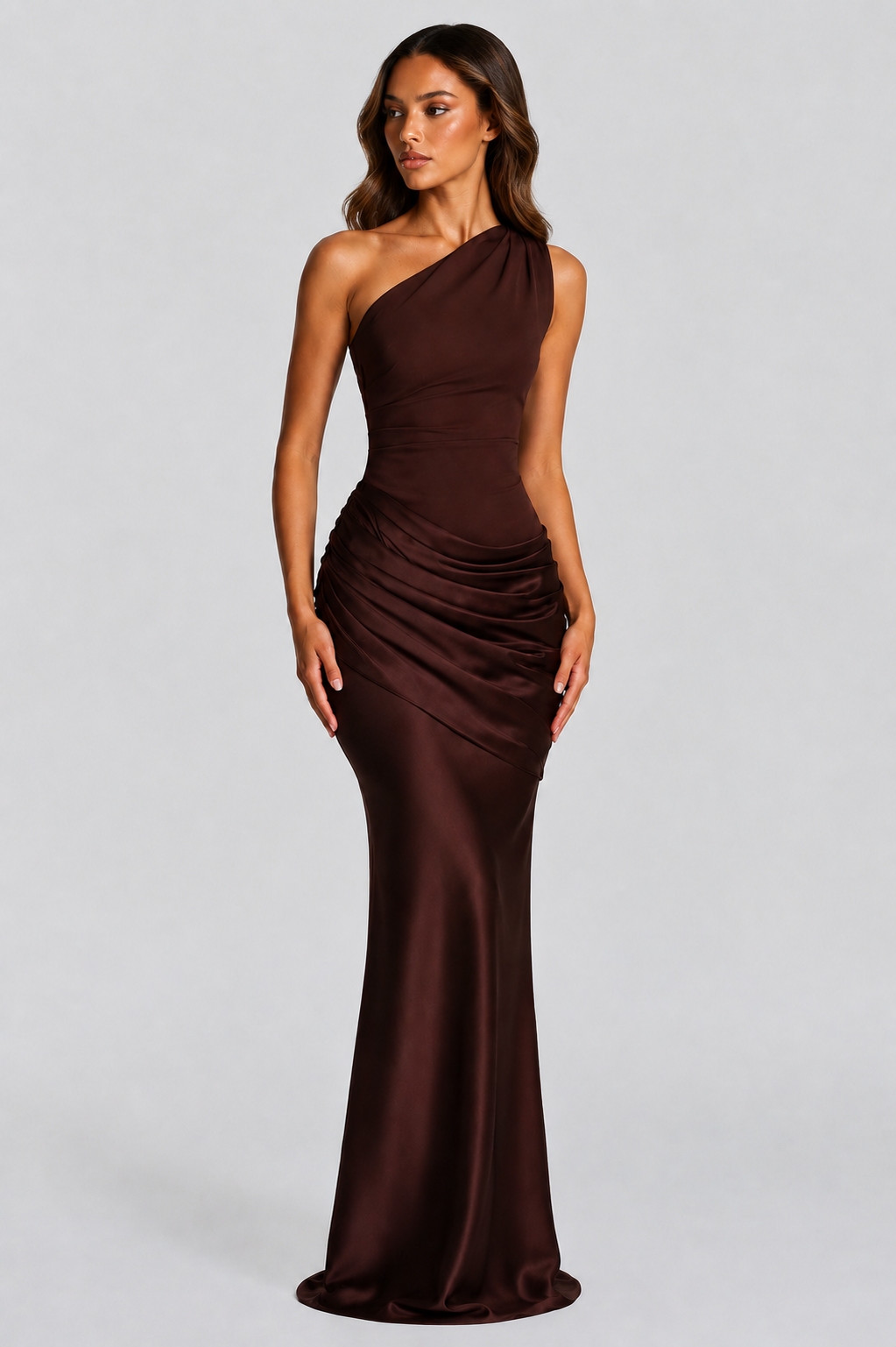 Women’s One-Shoulder Satin Maxi Dress with Draped Waist for Evening & Formal Wear