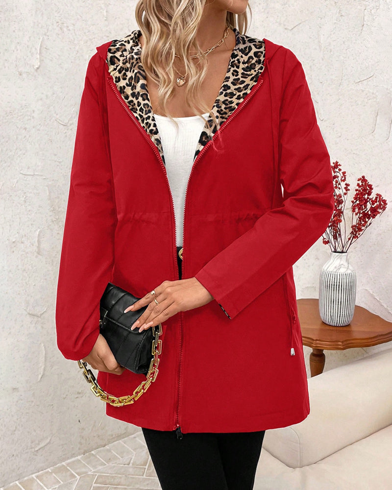 Women’s leopard print cotton blend coat with zipper and pockets