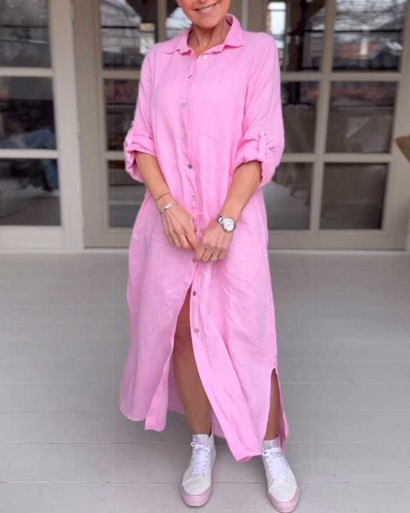 Women's light pink shirt dress with button front, relaxed fit, and casual feminine style