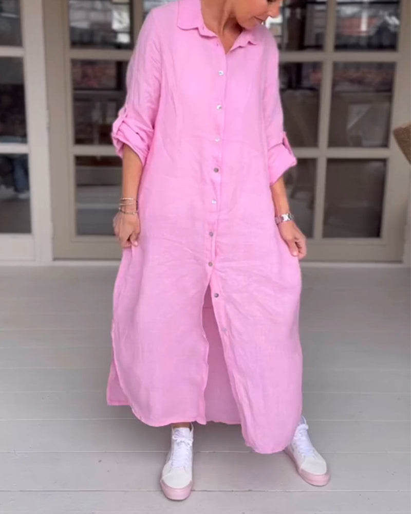 Women's light pink shirt dress with button front, relaxed fit, and casual feminine style