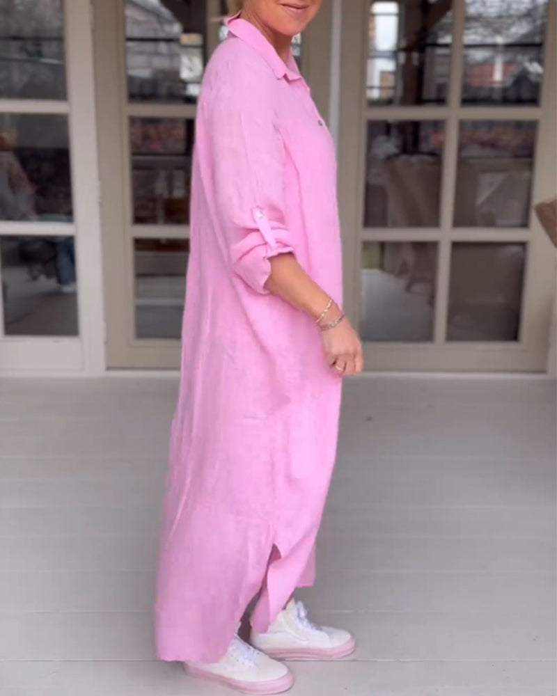 Women's light pink shirt dress with button front, relaxed fit, and casual feminine style