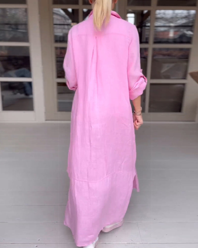Women's light pink shirt dress with button front, relaxed fit, and casual feminine style