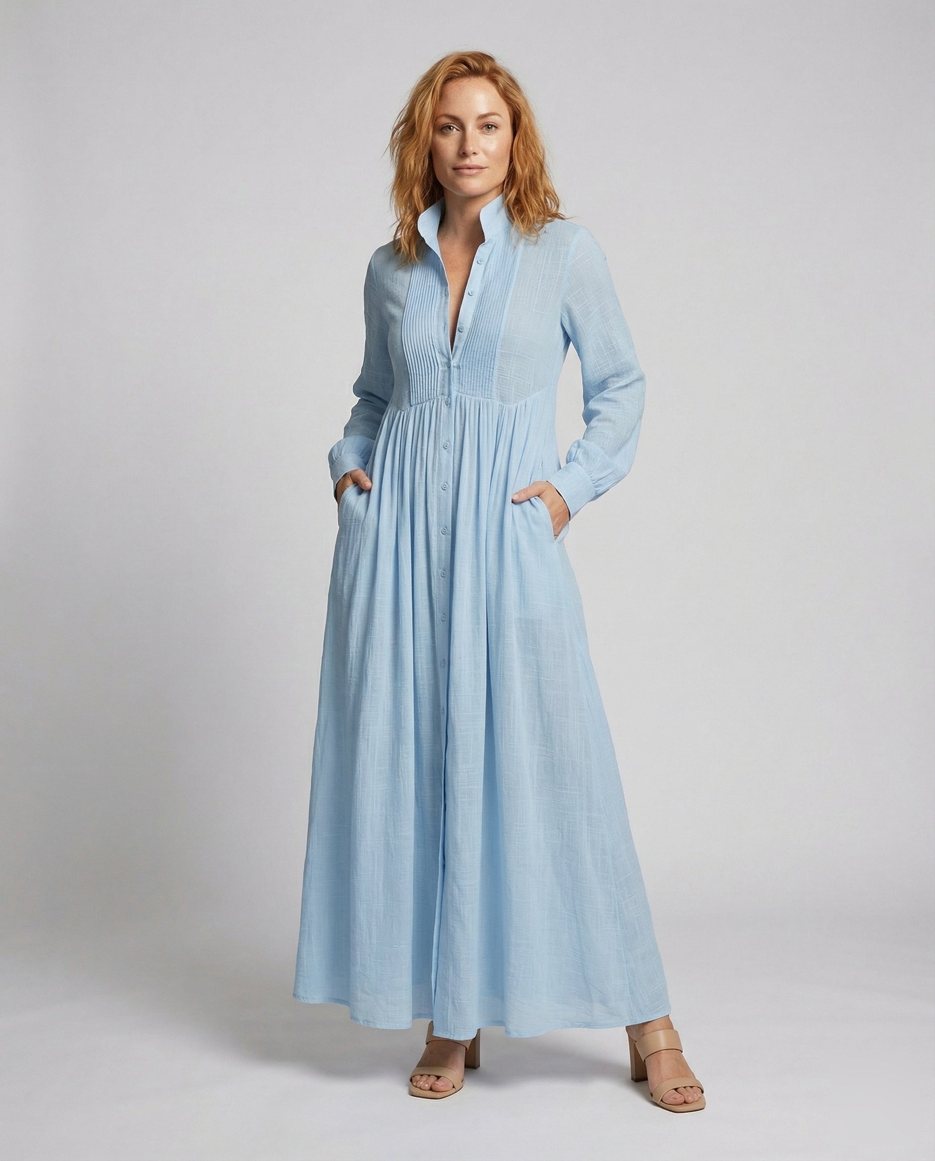 Women’s lightweight button front maxi shirt dress with gathered waist and pockets