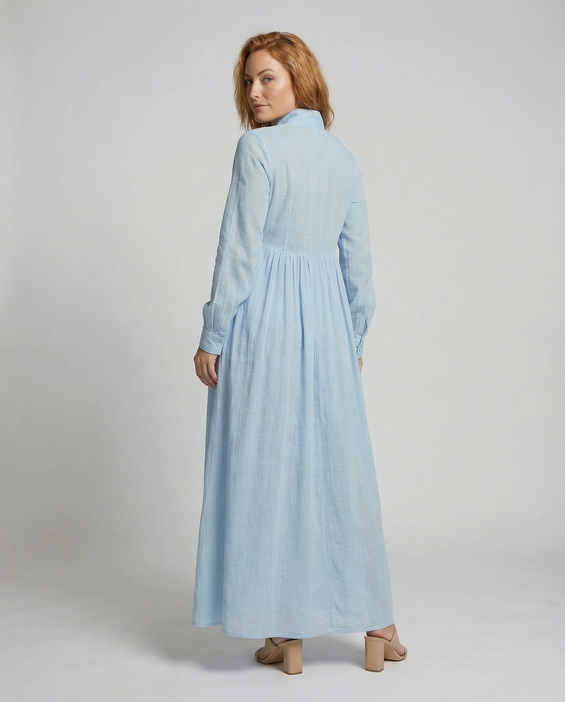Women’s lightweight button front maxi shirt dress with gathered waist and pockets