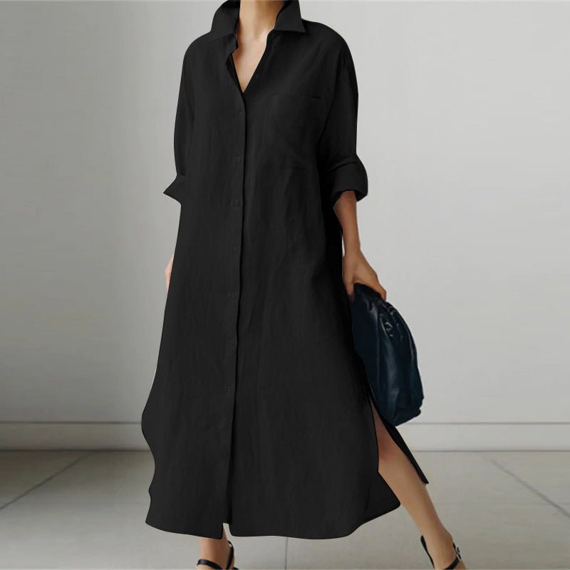 Women’s oversized linen button-up shirt dress with side slits