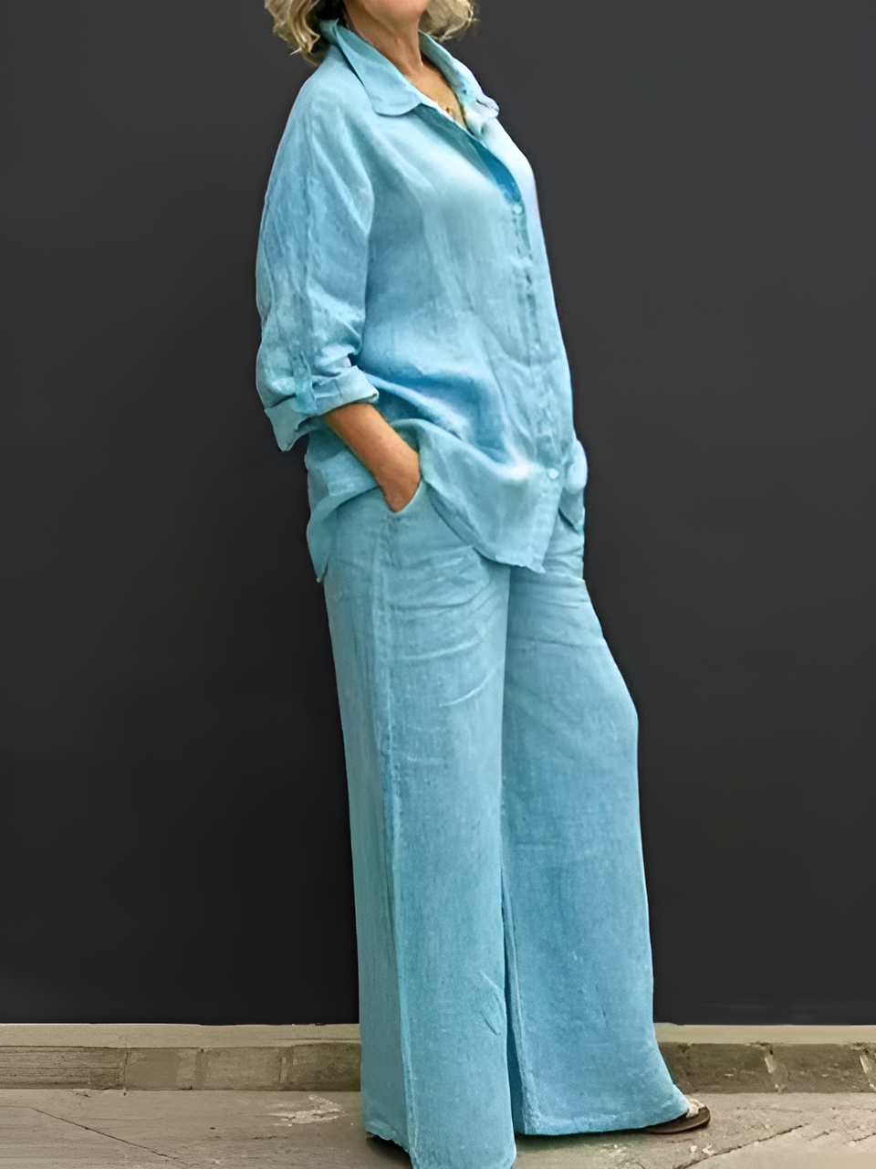 Women’s linen two-piece set with button-up shirt and wide-leg pants