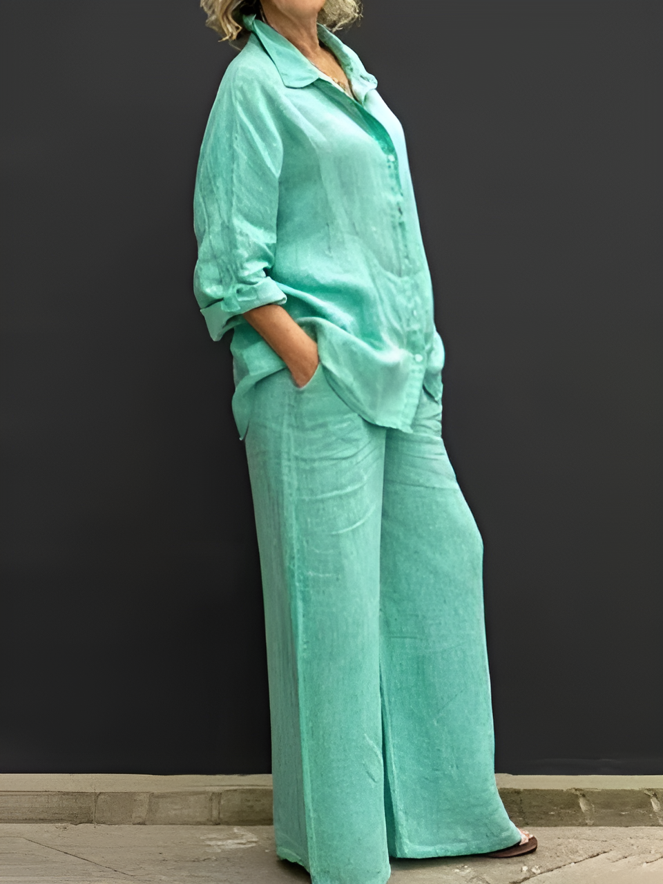 Women’s linen two-piece set with button-up shirt and wide-leg pants