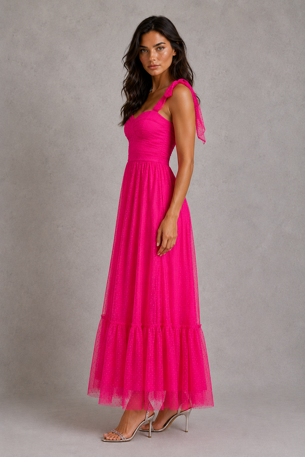 Women's mesh maxi gown featuring delicate cami straps, a defined high waist, flowing A-line silhouette, and flounce hem, ideal for evening occasions, weddings, galas, and formal events.