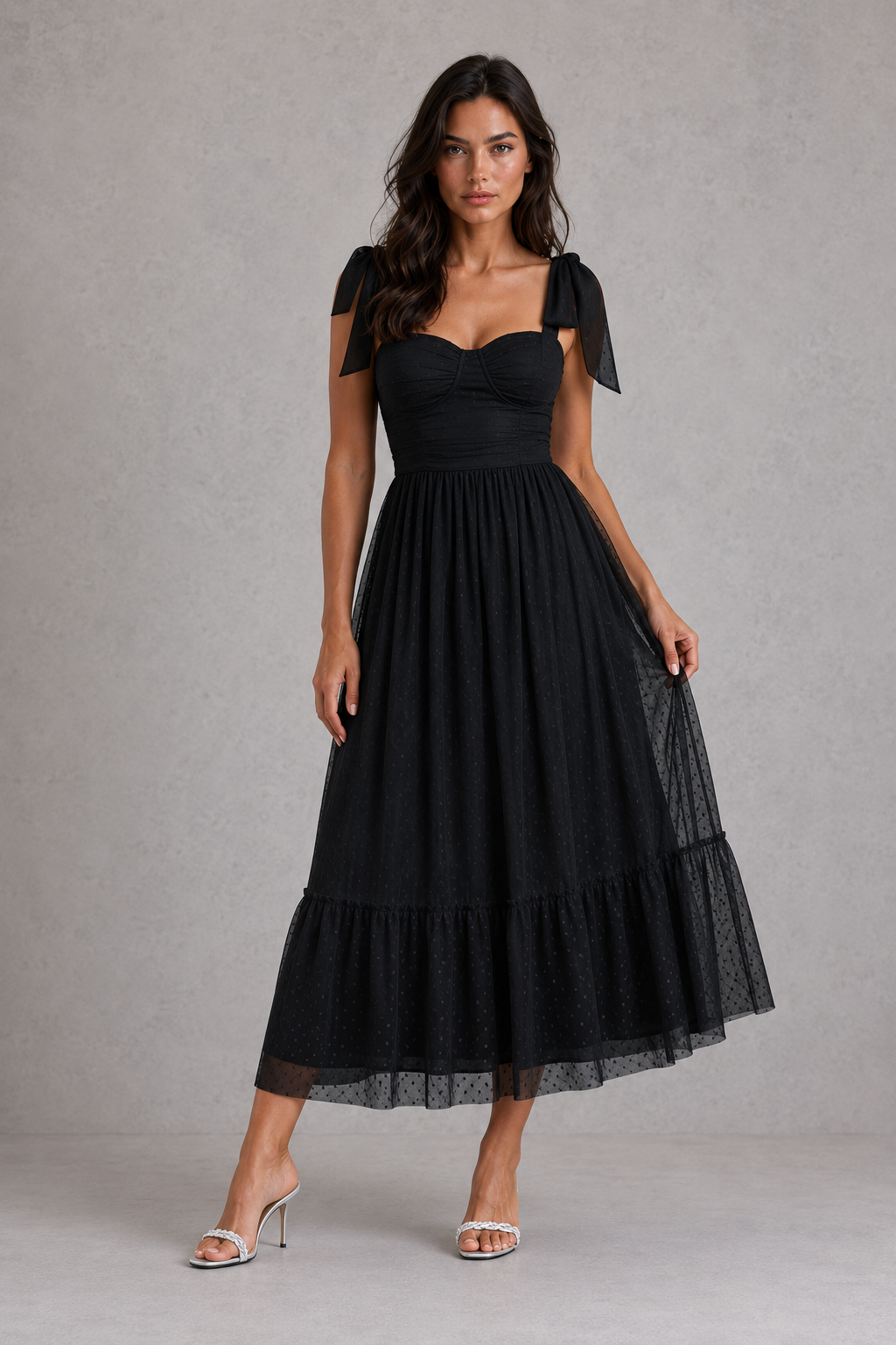Women's mesh maxi gown featuring delicate cami straps, a defined high waist, flowing A-line silhouette, and flounce hem, ideal for evening occasions, weddings, galas, and formal events.