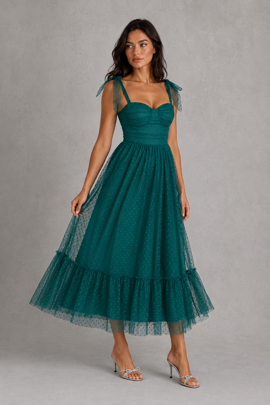 Women's mesh maxi gown featuring delicate cami straps, a defined high waist, flowing A-line silhouette, and flounce hem, ideal for evening occasions, weddings, galas, and formal events.
