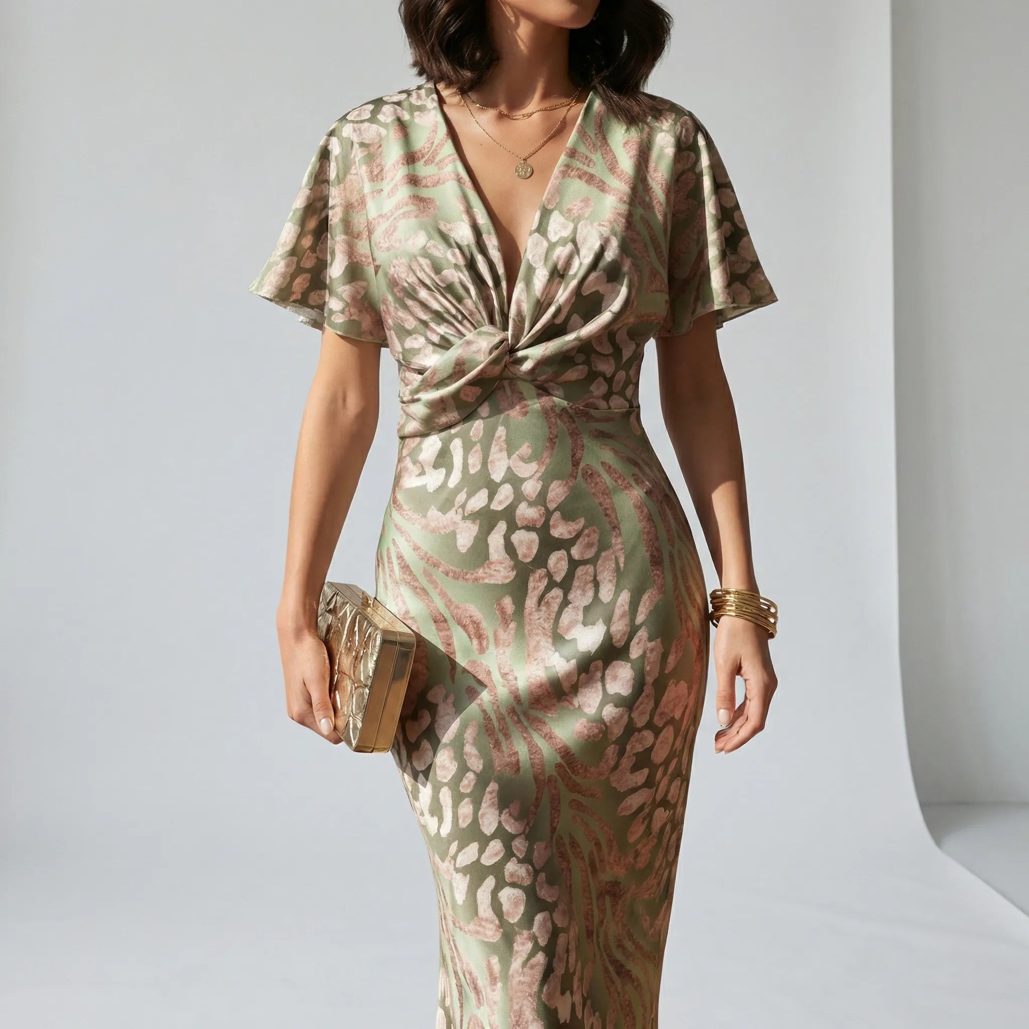 Women’s midi cocktail dress with V-neck and gathered waist detail