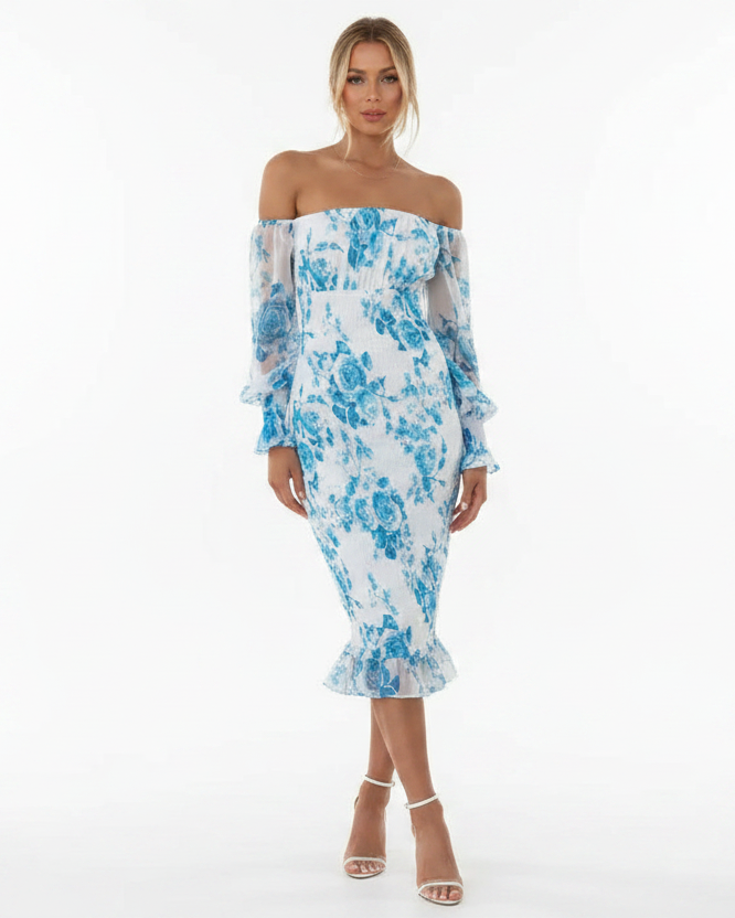 Women’s off shoulder floral midi dress with ruffle details
