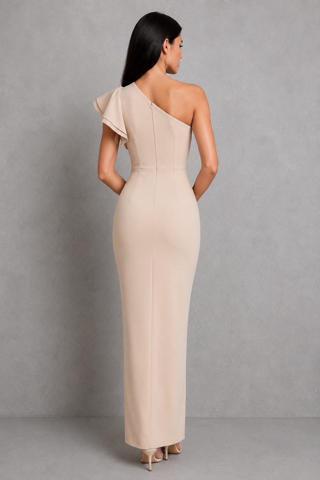 Women's off shoulder maxi dress with ruffle sleeves, relaxed flowing silhouette, and side slit, designed for a feminine look and comfortable movement.