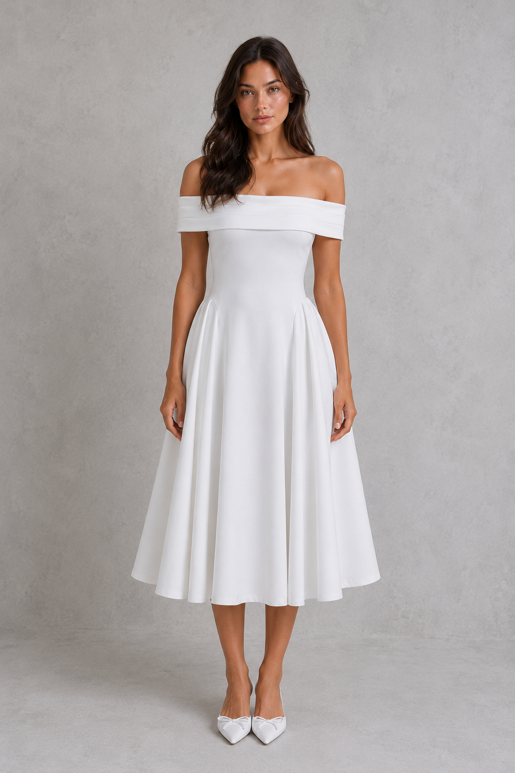 Woman wearing an elegant off-shoulder pleated midi dress with a fitted bodice and flowing skirt, ideal for cocktail parties, evening events, weddings, and special occasions.