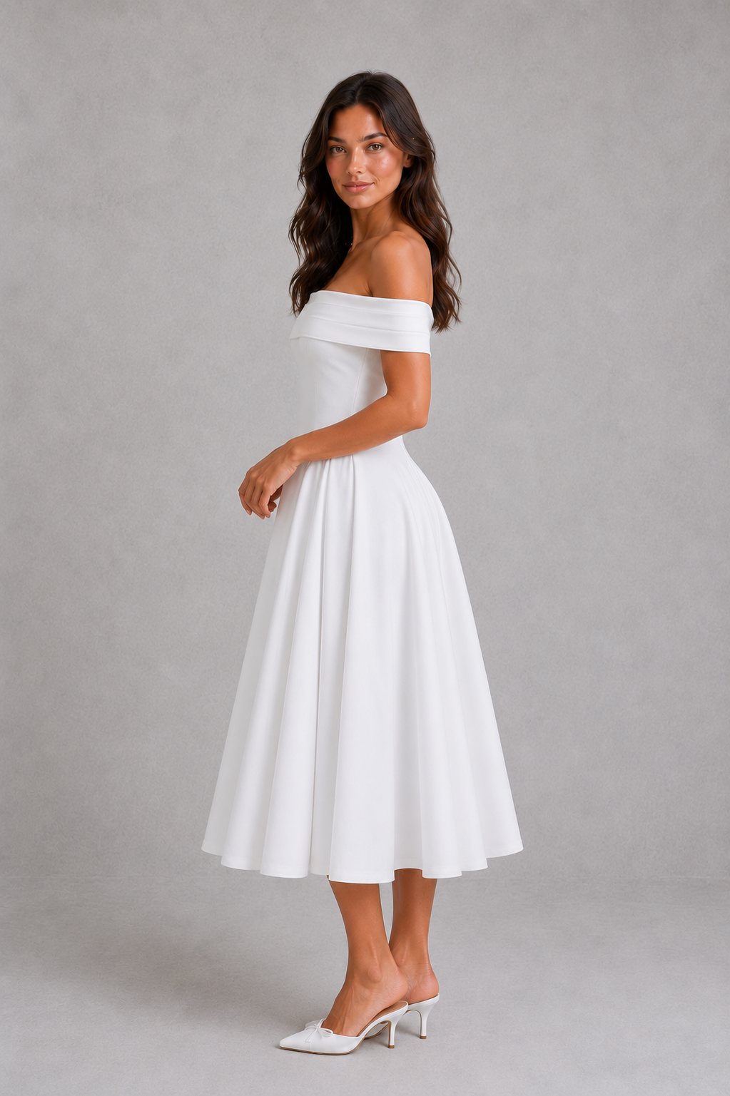 Woman wearing an elegant off-shoulder pleated midi dress with a fitted bodice and flowing skirt, ideal for cocktail parties, evening events, weddings, and special occasions.