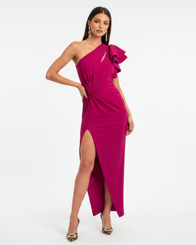 Women’s off-shoulder midi dress with ruffle sleeves and side slit