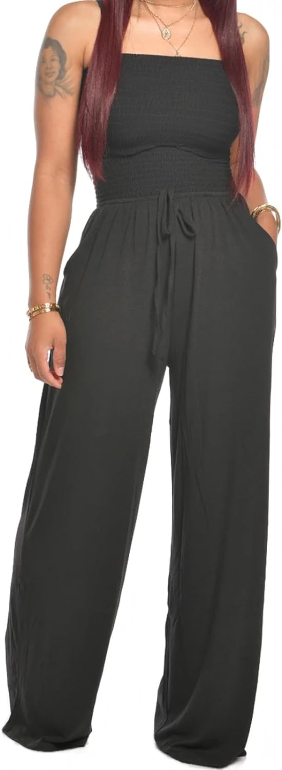 Women’s off shoulder smocked jumpsuit with wide leg silhouette