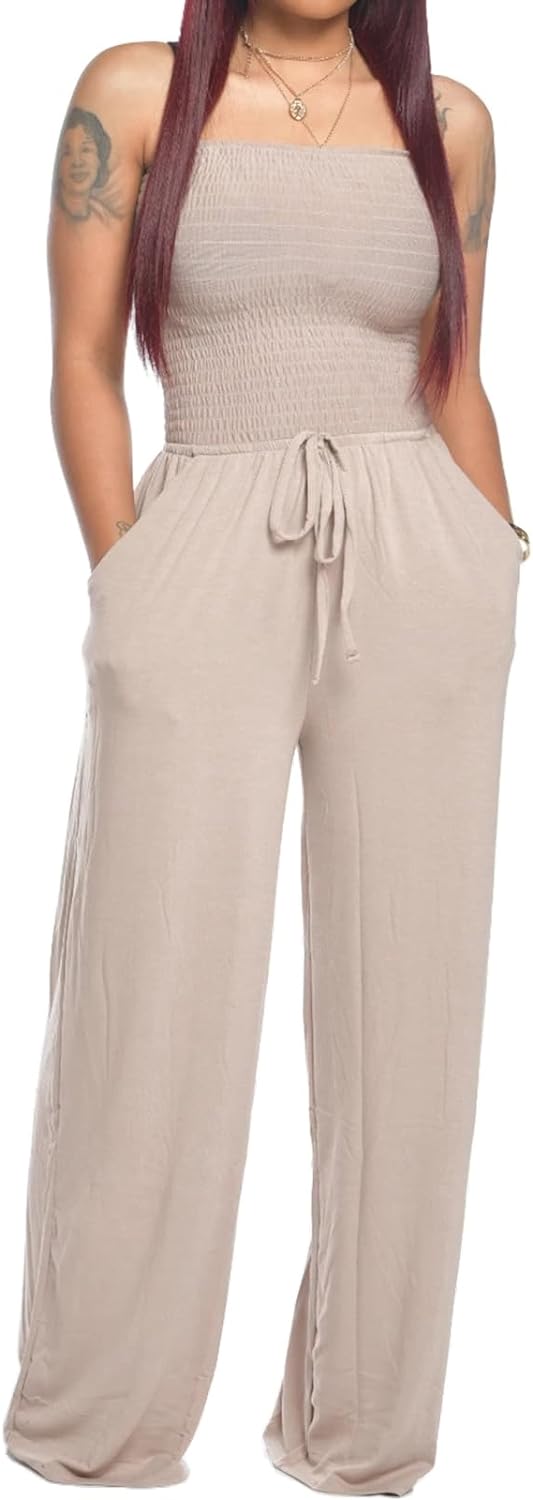 Women’s off shoulder smocked jumpsuit with wide leg silhouette