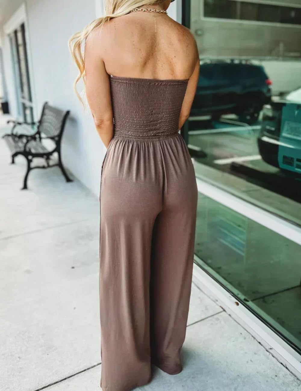 Women’s off shoulder smocked jumpsuit with wide leg silhouette