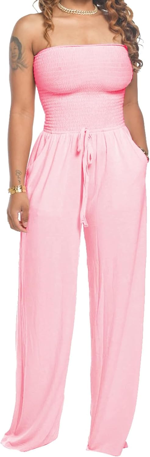 Women’s off shoulder smocked jumpsuit with wide leg silhouette
