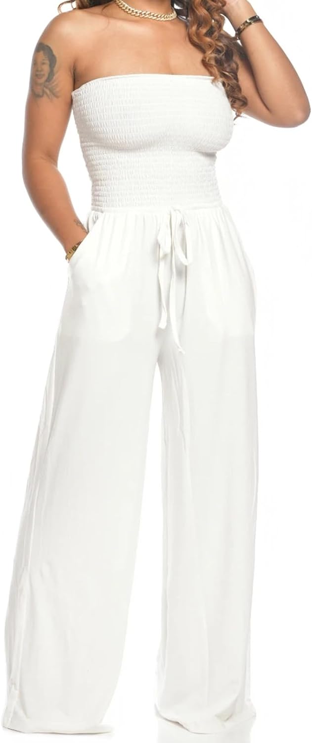Women’s off shoulder smocked jumpsuit with wide leg silhouette