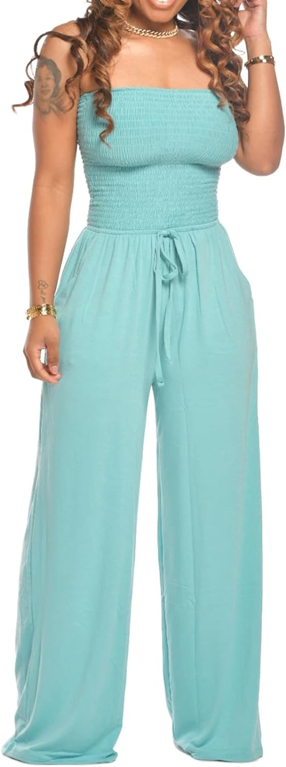 Women’s off shoulder smocked jumpsuit with wide leg silhouette