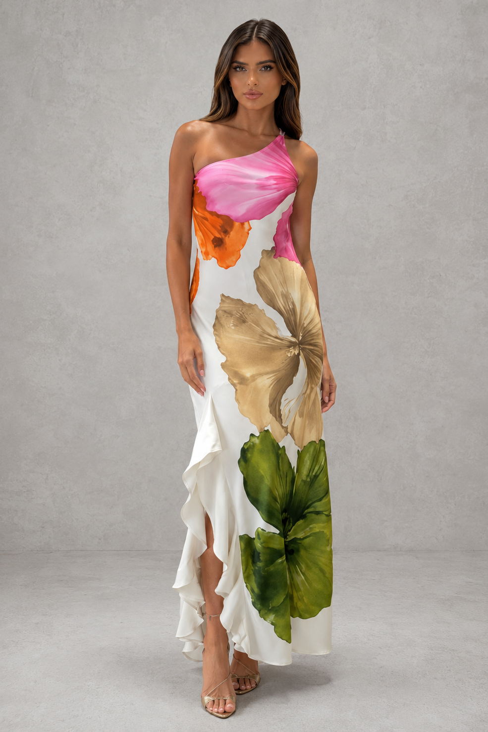 Women's one shoulder floral maxi dress with oversized botanical print, flowing silhouette, and ruffle hem in lightweight fabric for summer occasions, weddings, and resort wear.