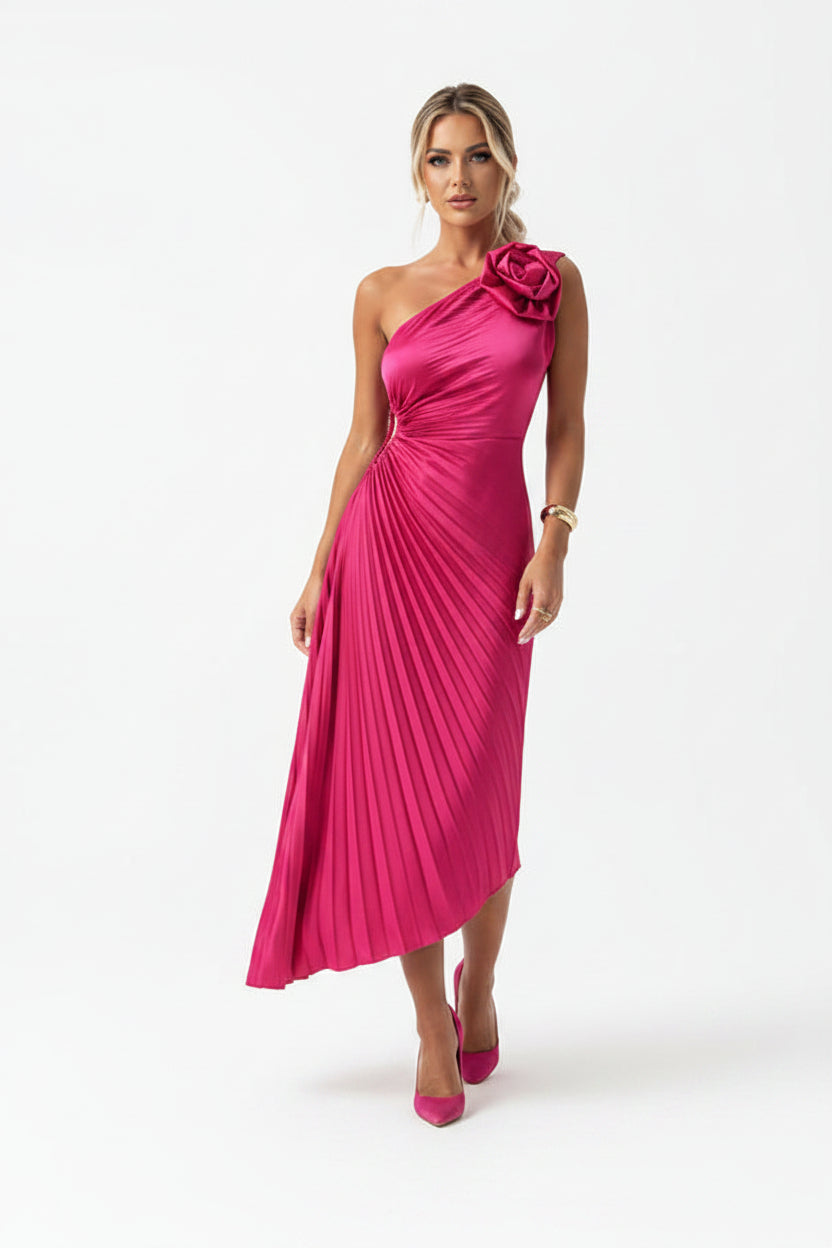 Women’s one-shoulder floral midi dress with flowing skirt