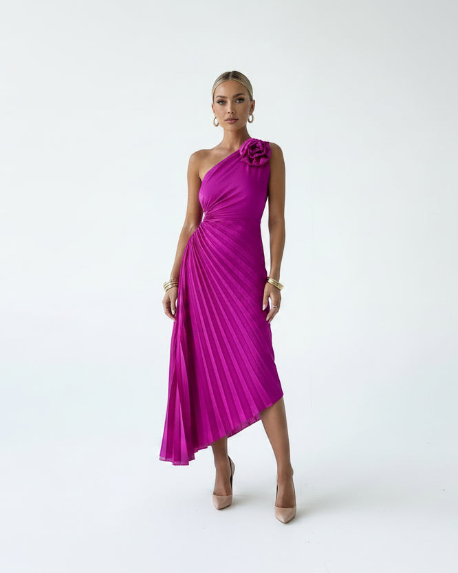 Women’s one-shoulder floral midi dress with flowing skirt