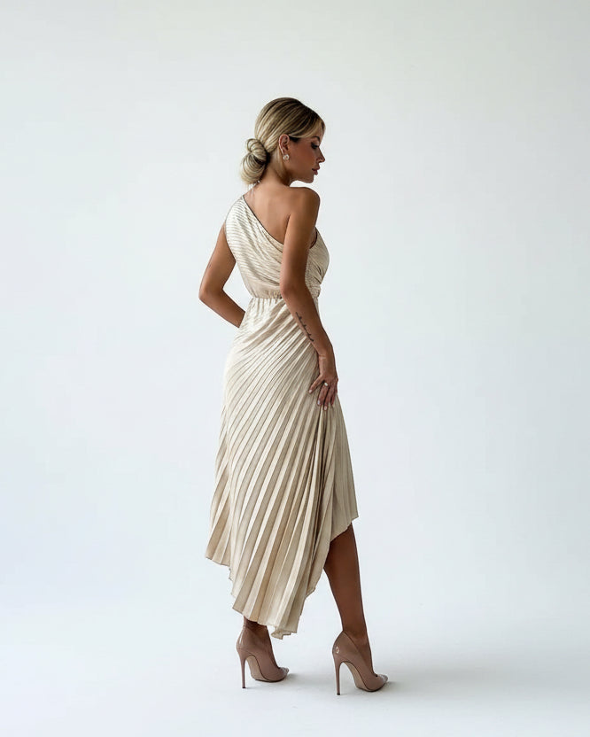 Women’s one-shoulder floral midi dress with flowing skirt