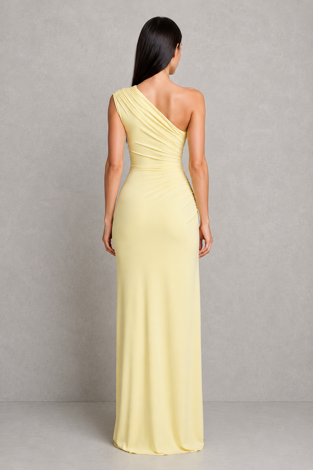 Women's one shoulder maxi dress with a fitted ruched bodice, draped thigh-high split skirt, and elegant floor-length silhouette in soft stretch slinky fabric, ideal for evening events, formal occasions, weddings, and galas.